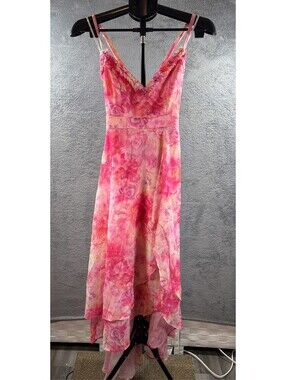 Lulus Pink Floral High-Low Dress Women's XS Sleeveless V-Neck Ruffle